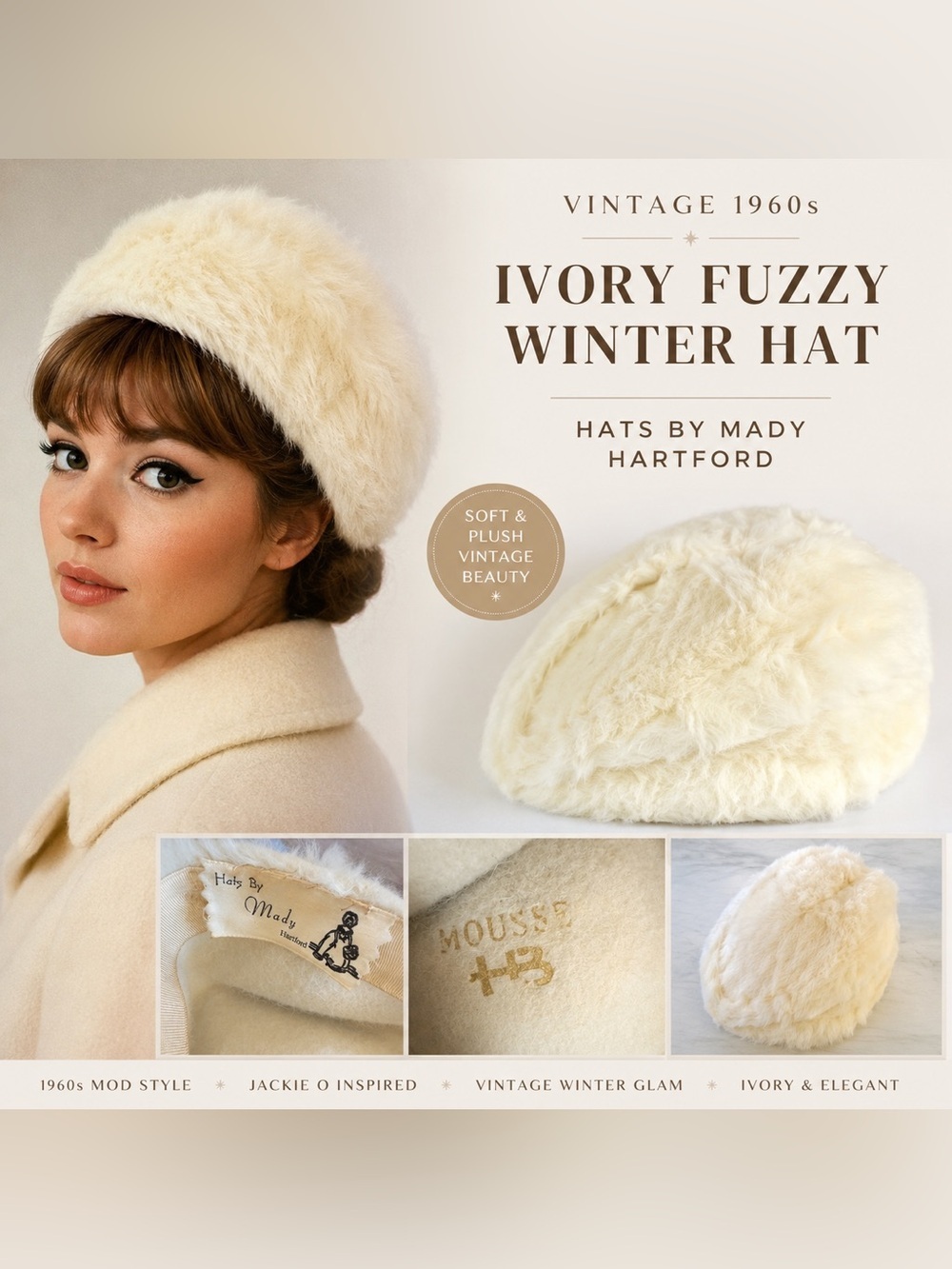 Vintage 1960s Ivory Fuzzy Winter Hat | Hats By Mady Hartford | Mod Pillbox Style